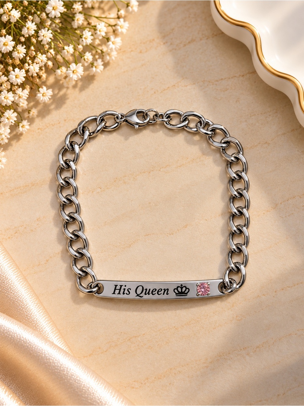 His Queen Engraved Stainless Steel Bracelet - Silver with Pink Accent